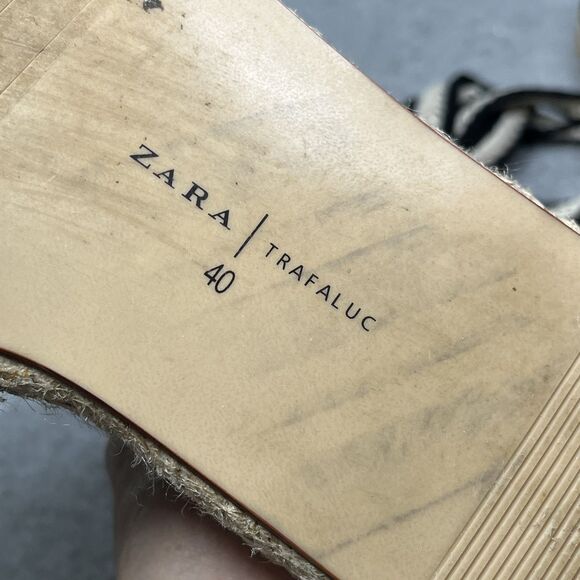 Zara Trafaluc Espadrille Flats Womens EU 40 Black White Lace Up Canvas Coastal - Picture 13 of 14